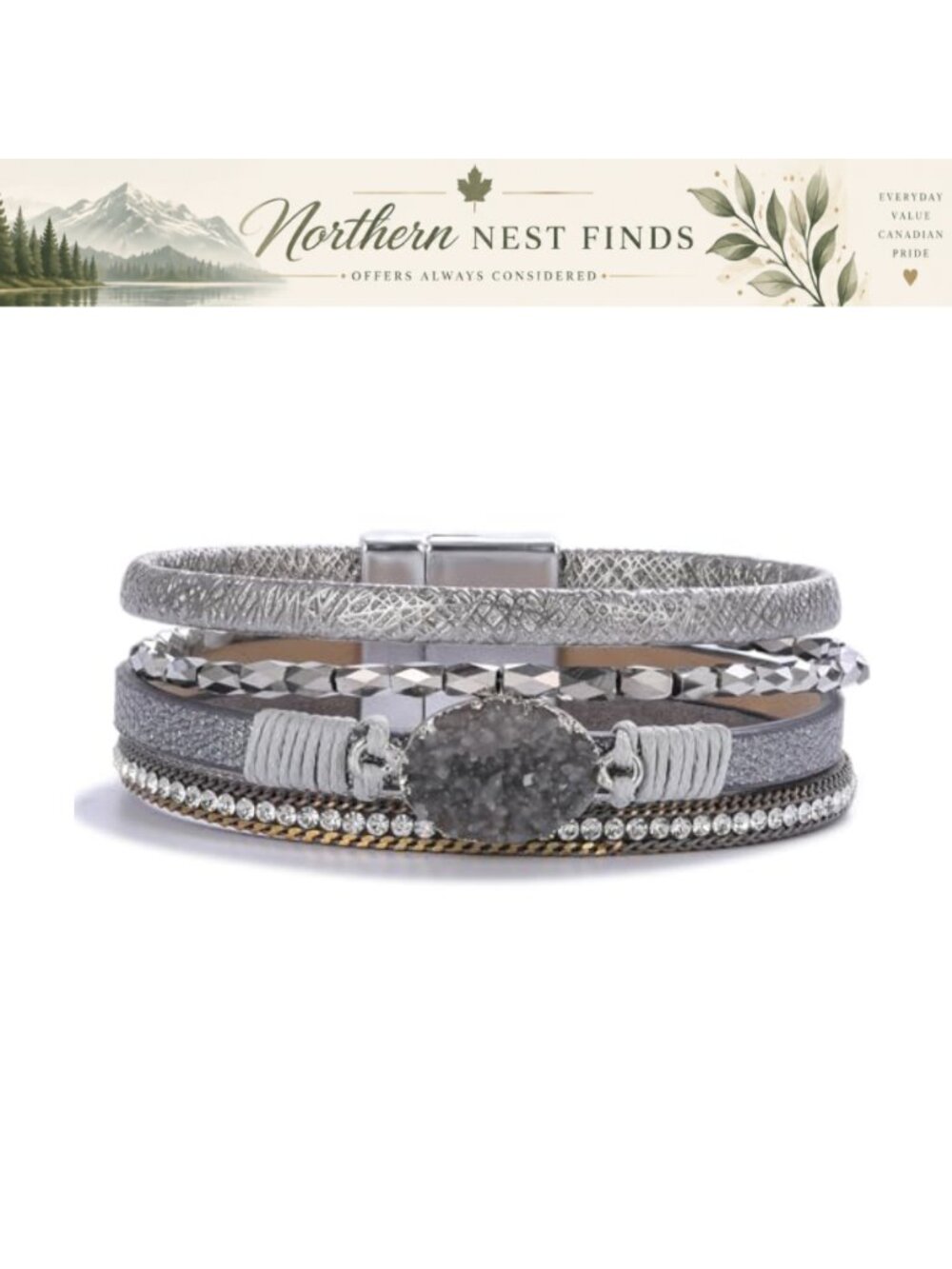 Boho Leather Wrap Bracelet Crystal CZ Beaded Cuff with Clasp